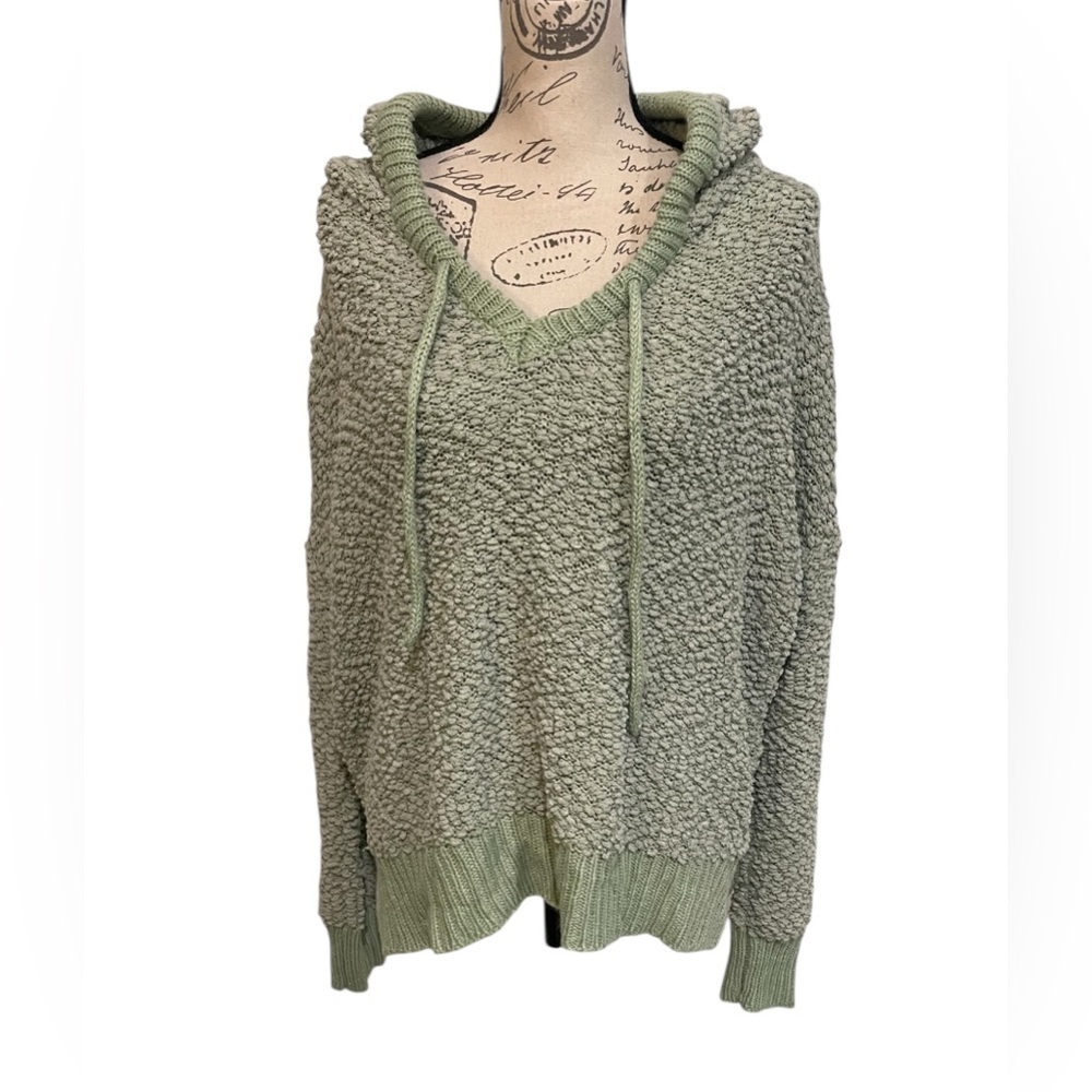 POL Textured Hooded Sweater Sage Green Oversized Popcorn Knit Large